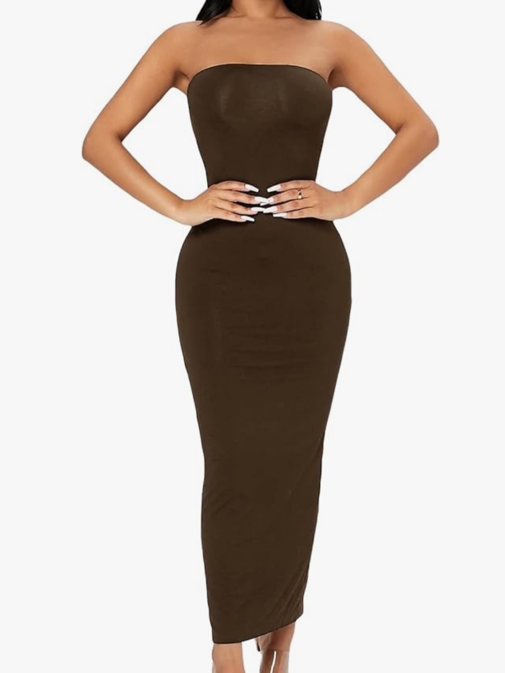Never worn
Sleeveless Strapless Bodycon Maxi Dress in Chocolate Brown